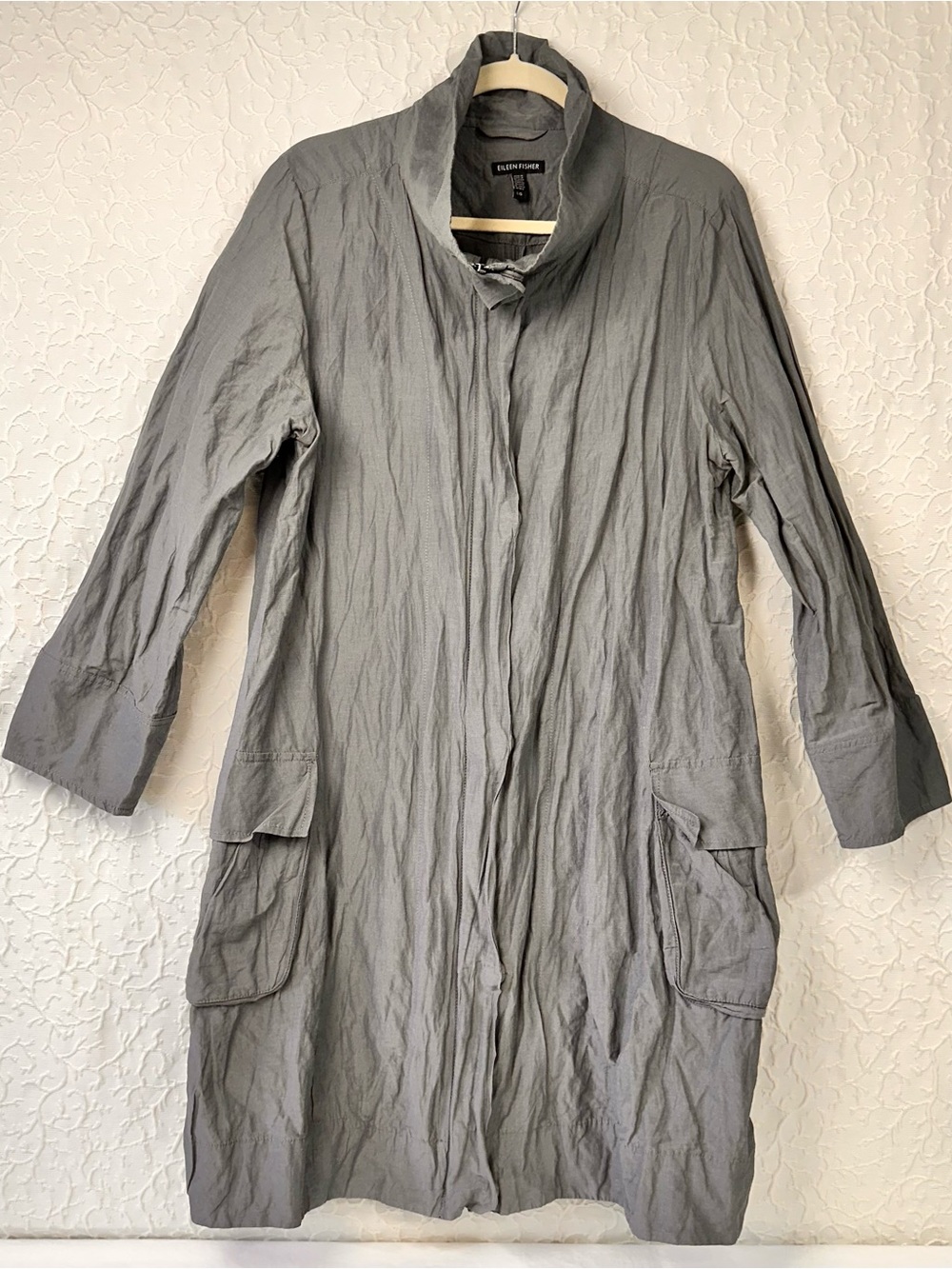 Eileen Fisher Gray Long Lightweight Coat Trench Coat Size L Grey Windbreaker